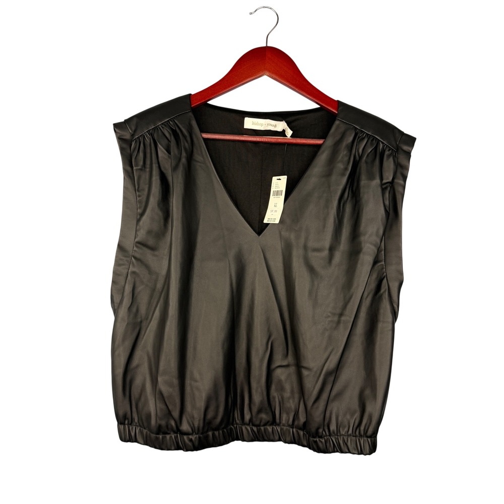 Bishop + Young Faux Leather Top Women XL Black V-Neck Sleeveless Elastic Hem NWT